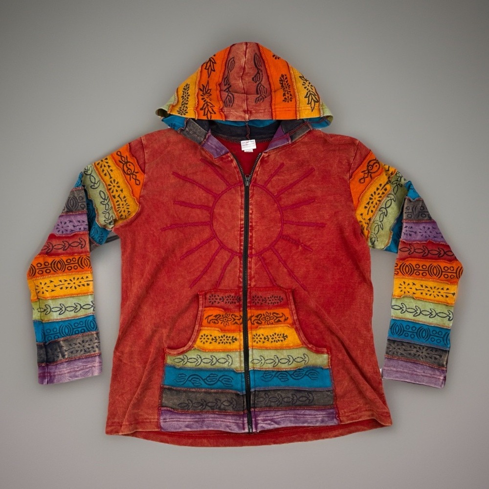 Boho Patchwork Festival Hoodie Sun Zip Up Hippie Grunge XXL